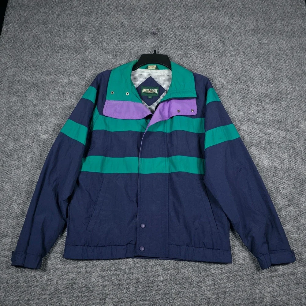 American Eagle Windbreaker Small Navy Green Purple Vintage 90s Colorblock Jacket